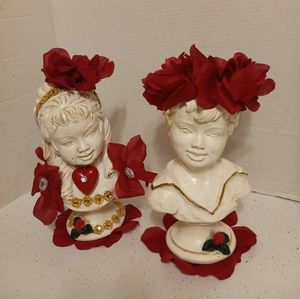 2- VTG WHITE/GOLD CHICAGO UNIVERSAL STATUARY CORP GIRL & BOY STATUE 1962 , 9"